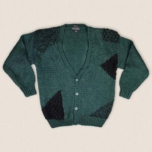 Vintage 90s Cardigan Grandpa Sweater Green Black Peter England Size‎ Small